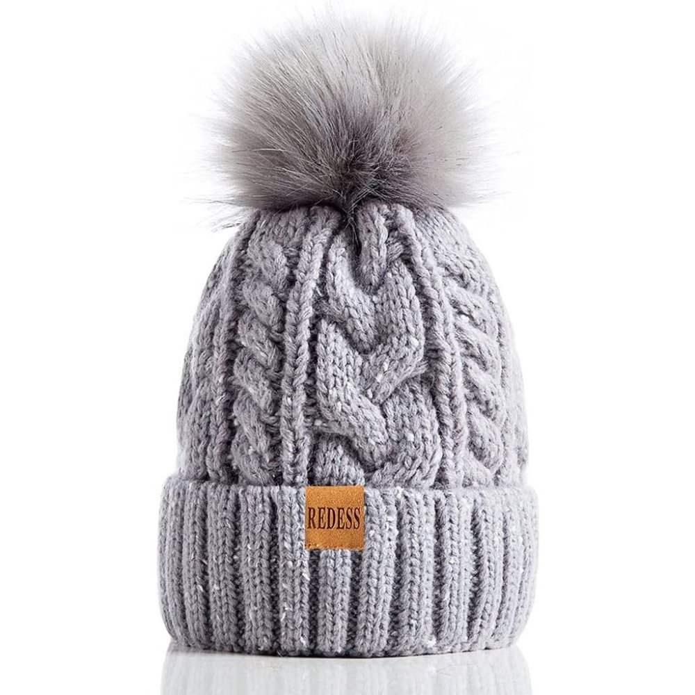 Womens Winter Warm Fleece Lined Knitted Soft Ski Cuff Beanie Hat with Pom Pom